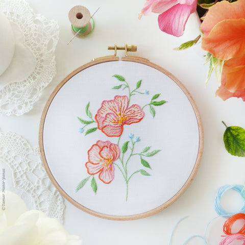 Pink & Orange Flowers - ערכת רקמה 21 ס"מ