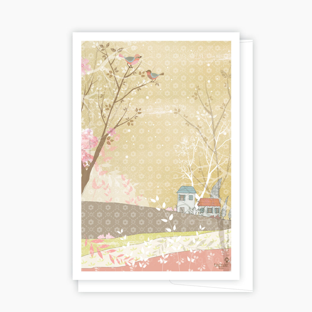 Houses and birds Pink Card